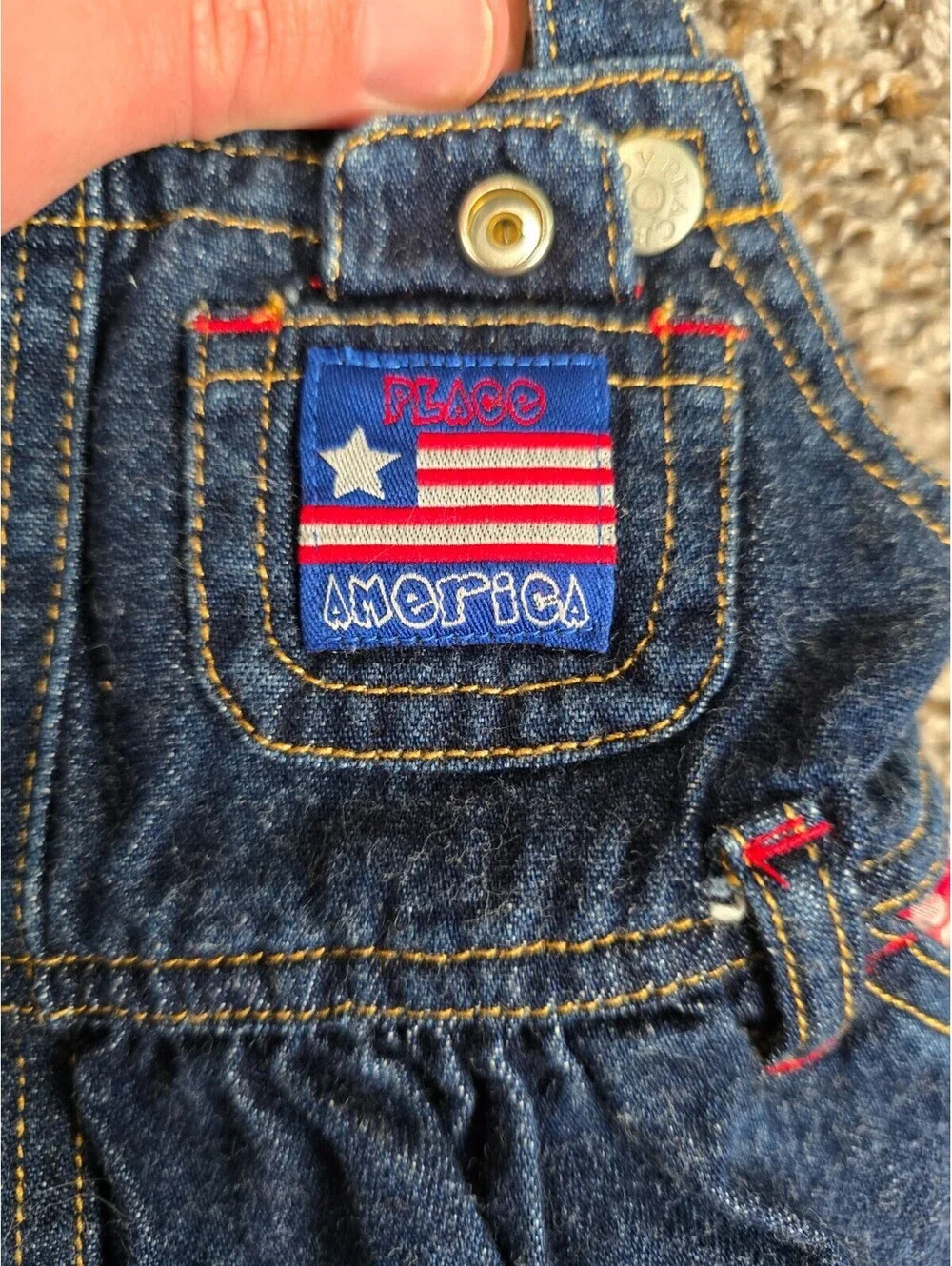 Vtg Childrens Place Baby Girls Sz 12M Denim Romper Patriotic 4th of July Flag